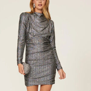 Alexia Admor Rainbow Sequin Mini Dress Size 6 Bodycon Long Sleeve Ruched $295